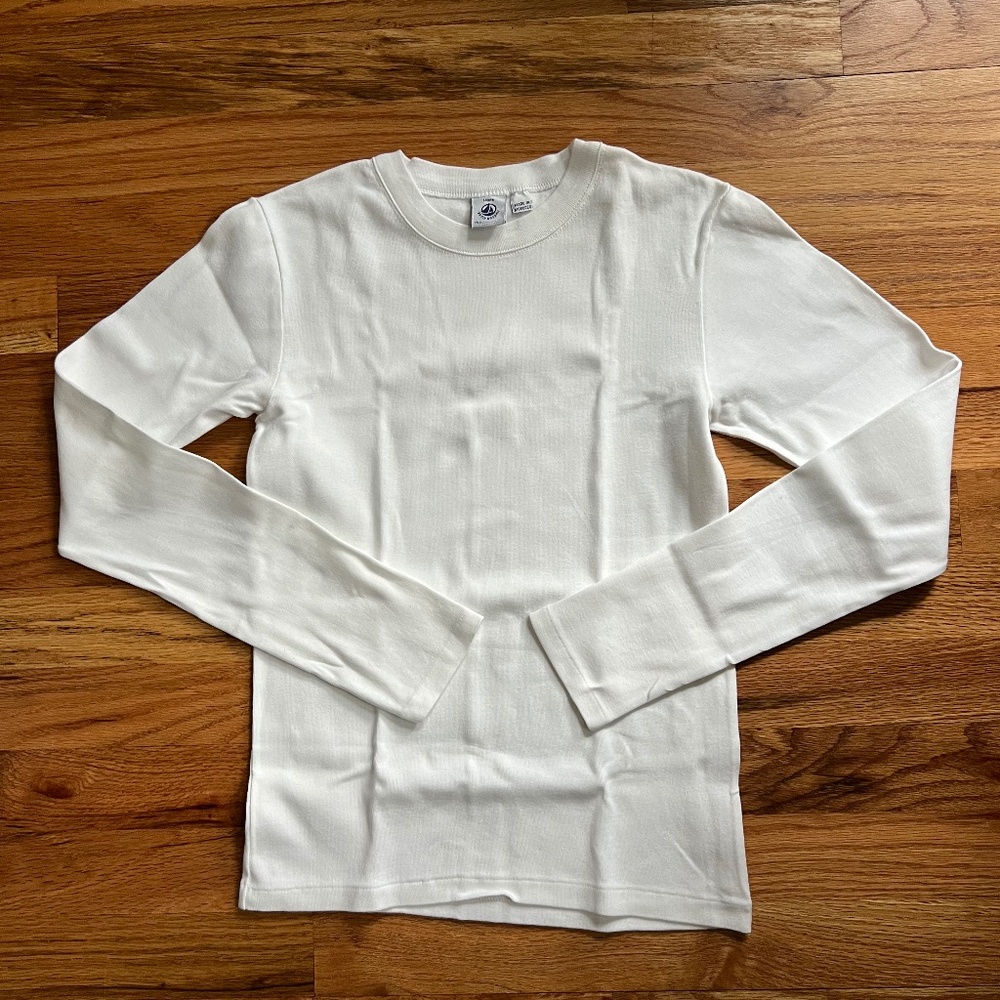 Petit Bateau white L/S 100% cotton crew neck tee shirt women’s size XS 14 NWOT